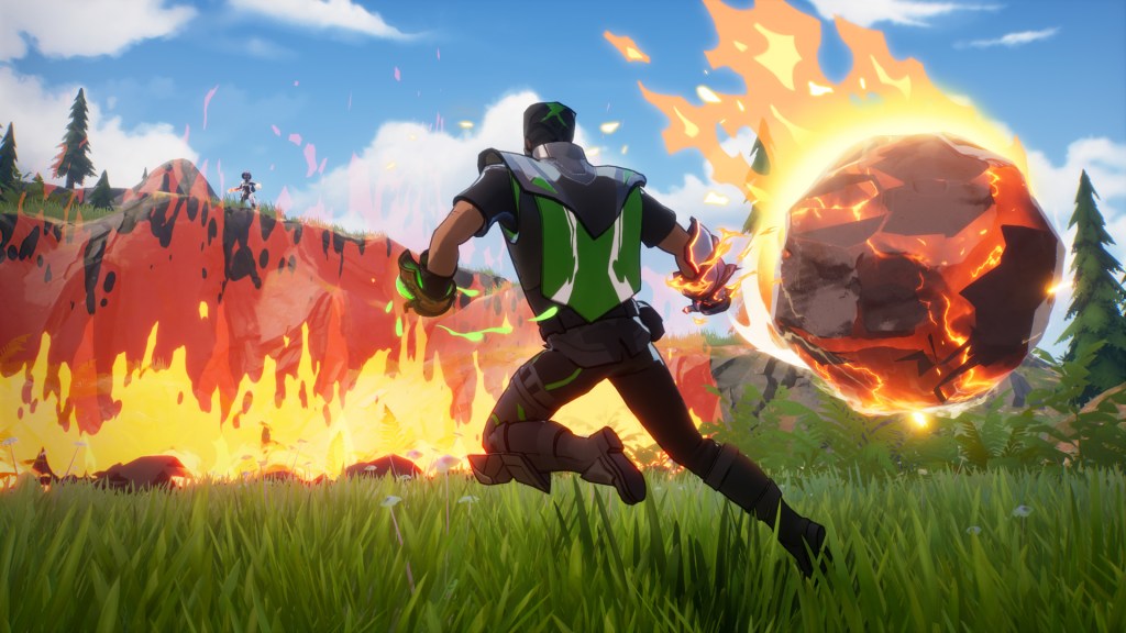 A mage in Spellbreak casts a fire boulder.